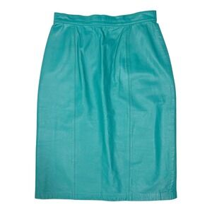 Vintage Cedars Teal Blue Leather Pencil Skirt High Waisted Front Slit Size 8